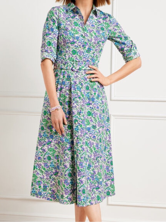 Talbots Dresses & Skirts - Talbots Fit & Flare Poplin Shirtdress Floral Purple Blue Women’s Belt 16 Dress